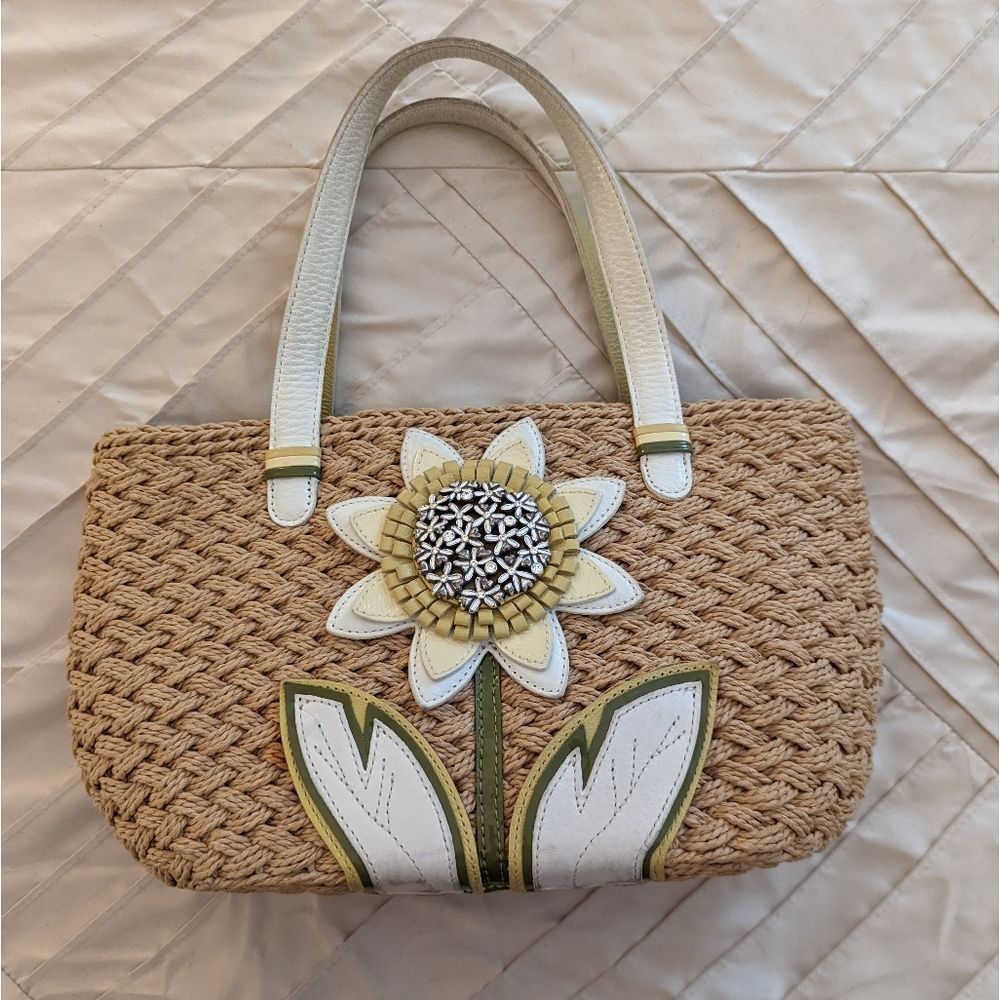 Brighton Woven Straw Tote with White and Olive Floral Appliqué